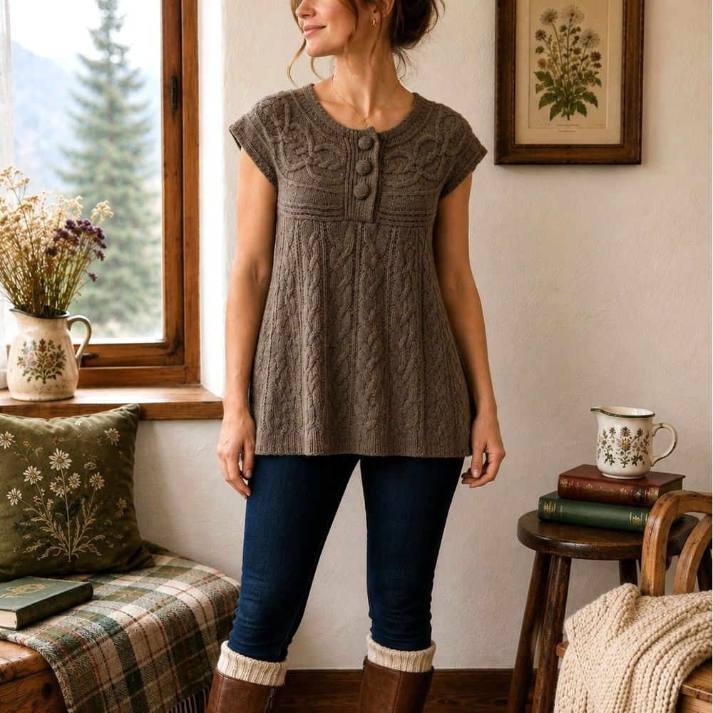 Ruff Hewn Brown Cable Knit Tunic Sweater M Lambswool Rabbit Hair Cottagecore Y2K